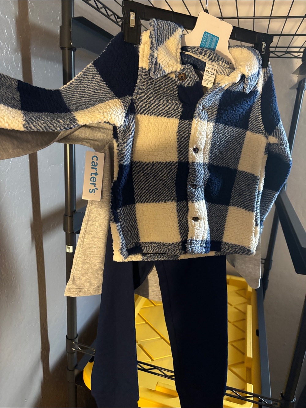 Carter's Navy and Cream Plaid Sherpa Button-Up Jacket, Pants and Long Sleeve Top